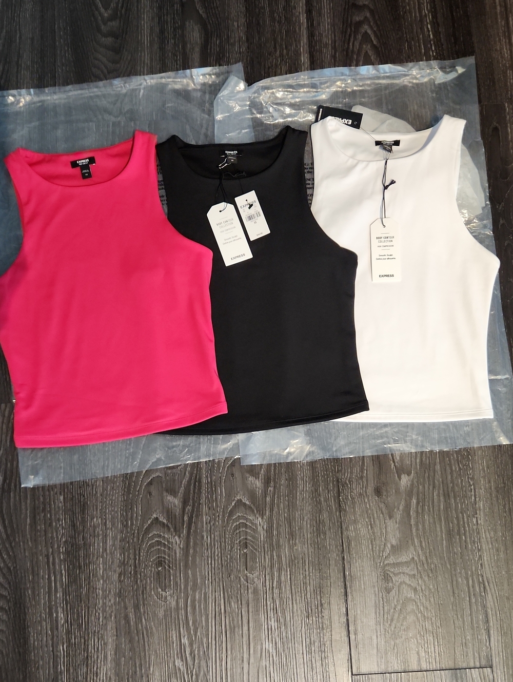 Express Body Contour Tank Top (3-Bundle) in Black, White & Hot Pink XS